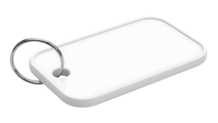 White Plastic Keychain Tag with Metal Ring on Transparent Background