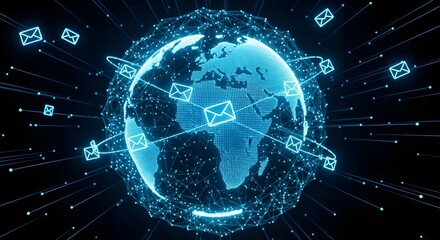 Blue Glowing Earth Globe with Global Communication Network and Email Icons