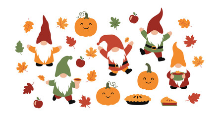 Obraz premium Autumn collection features cute gnomes pumpkins apples colorful maple leaves and a delicious pumpkin pie on white.