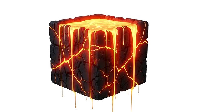 Molten lava cube with glowing orange cracks and drips on isolated white background