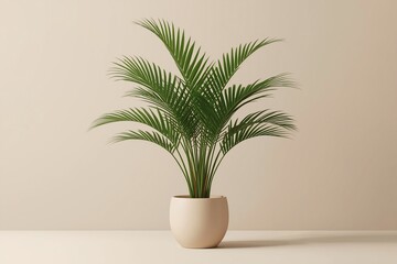 Obraz premium Elegant indoor palm plant in a beige ceramic pot, isolated on a neutral background. Perfect for interior design, minimal decor, wellness, and modern lifestyle concepts.