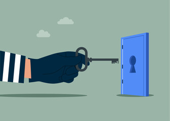 Thief holding key open door. Theft of property. Key to criminal. Robber breaking in house. Modern vector illustration in flat style