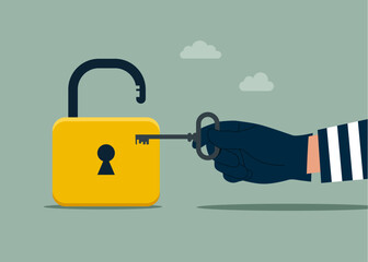 Robber holding key to unlock the lock. Unlock property accessibility. Criminal. Modern vector illustration in flat style