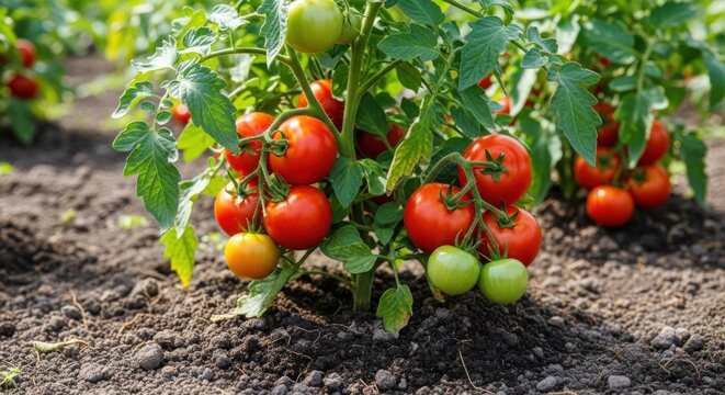 A tomato plant with ripe and unripe tomatoes in a garden setting.