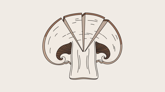 Detailed illustration of a sliced button mushroom showing gills and stem.