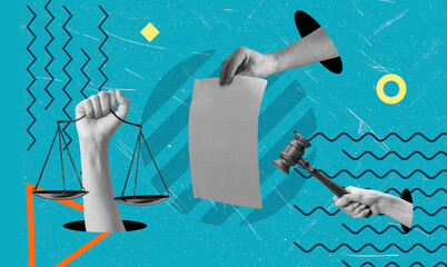 Art collage showing hands holding a scale, a paper, and a gavel above a blue background with abstract shapes and designs © beast01