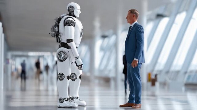 Conversation in the Era of AI: A businessman and a robot stand facing each other, in a futuristic scene exploring the dynamic between human and artificial intelligence.