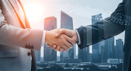 Business people shaking hands in front of modern city skyline with digital overlay