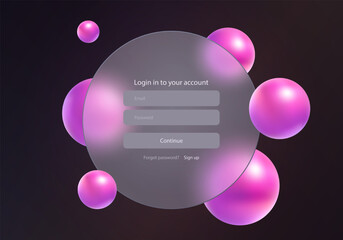 Dark login screen in glass morphism style with transparent round panel, input fields and glossy pink spheres on gradient background