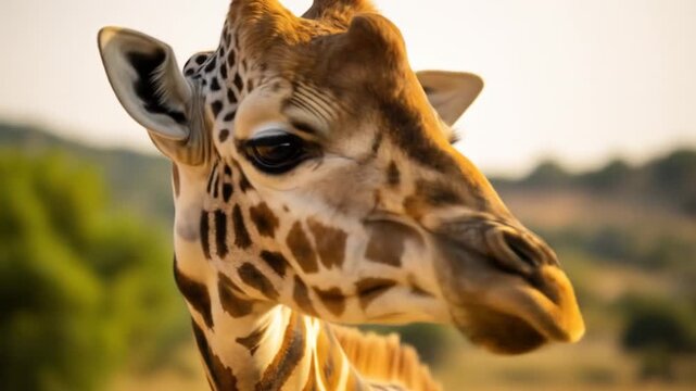 Gentle giraffe portrait study at sunset, highlighting the intricate details and calm expression