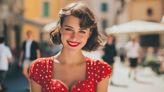 pretty Italian young woman in red polka dot dress smile at sunny day city street 