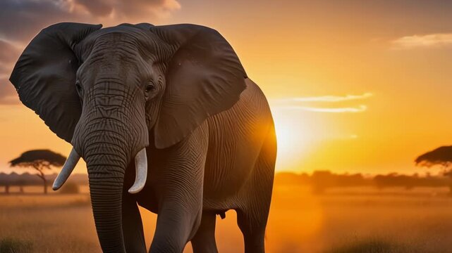 Majestic African Elephant Roaming the Savanna at Golden Sunset.