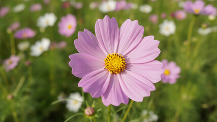 Fototapeta premium Vibrant pink cosmos flower in a lush green field of flowers