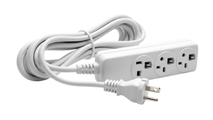 White Power Strip with Multiple Outlets and Plug on Transparent Background
