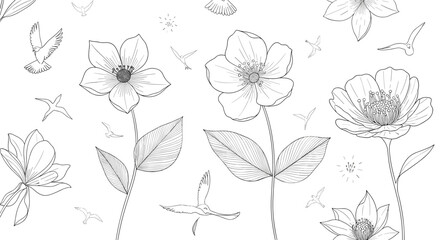 Fototapeta premium Intricate black and white botanical drawing featuring large flowers and hummingbirds in flight with fine line detailing.