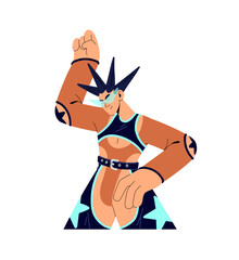 Young person in fashion clothes dances at techno rave. Character with stylish hairstyle, glasses has fun at party of electronic music. Disco in night club. Flat isolated vector illustration on white.