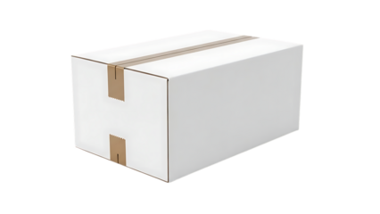 White Cardboard Box with Brown Tape on Transparent Background