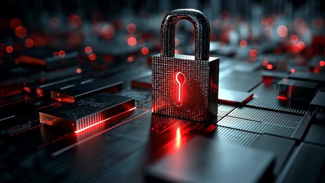 digital neon light lock symbol on screen, online network security and personal data security theme