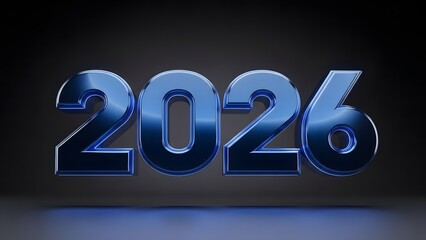 Futuristic Blue 3D Render of Year 2026 with Metallic Gloss and Neon Glow on Dark Studio Background