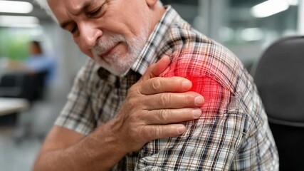 Shoulder Pain: A close-up of an elderly individual, expressing clear discomfort, gripping his shoulder, highlighting the localized pain area with a visual emphasis.