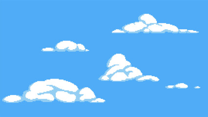 Set of pixel art clouds for game backgrounds. Fluffy cumulus sprites, cartoon sky elements in 8-bit retro style. Ideal for creating nostalgic aerial landscapes, side-scroller animations, and digital s