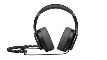 Black Over-Ear Headphones with Coiled Cable on White Background