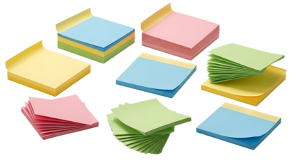 Colorful Sticky Notes in Various Stacks on White Background