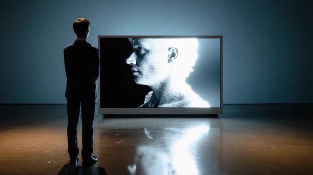 Reflection on a screen: a lone individual stands before a digital display showcasing a striking image of a person, possibly contemplating the connection between the observer and the observed.