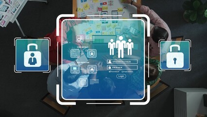 Diverse group of people collaborating on digital security concepts utilizing modern technology in a creative workspace setting Gluon.