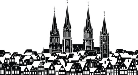 Obraz premium Cathedral townscape silhouette vector, Gothic church skyline, European architecture clipart, historic city graphic, black outline art
