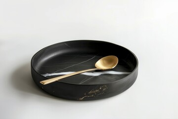 Modern black marble serving dish luxurious gold spoon elegant minimalist on transparent background