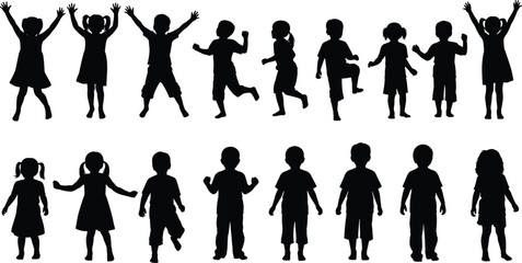 Children silhouette vector, kids activity poses, playful movement clipart, jumping running graphic, childhood motion illustration, black outline art