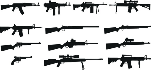 Firearm silhouette vector, rifle clipart, handgun outline, military weapon icons, black gun shapes, tactical arms illustration, shooting graphic © MdNurunnabi