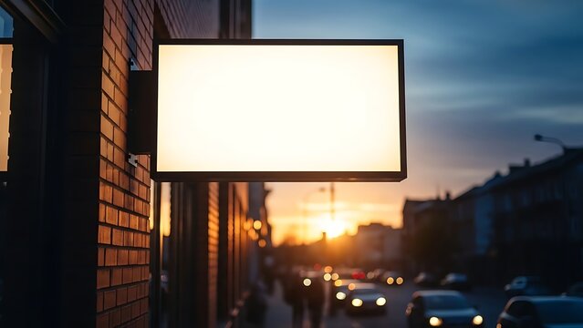 Blank Glowing White Rectangular Signboard on Brick Wall at Urban Sunset with Blurred City Street