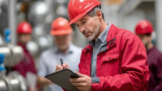 Quality Inspection: A seasoned engineer meticulously inspects the equipment, while his colleagues look on, symbolizing teamwork and commitment to quality.