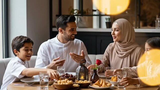 A happy Muslim family enjoys a festive meal together, sharing food and laughter at a beautifully set table. Capturing moments of togetherness and cultural celebration.