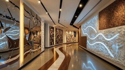 Modern art gallery with illuminated abstract paintings on walls and polished floor