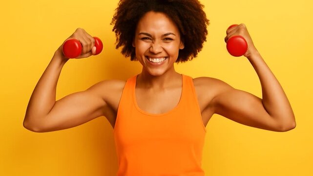 Confident happy woman joyfully lifting dumbbells, embracing a healthy active lifestyle and empowering fitness journey. 

