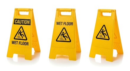 Yellow Wet Floor Caution Signs Displayed on White Background.