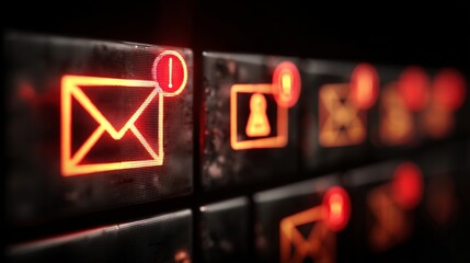 Close-up of illuminated notification icons, featuring a glowing envelope and alert symbol against a dark background.