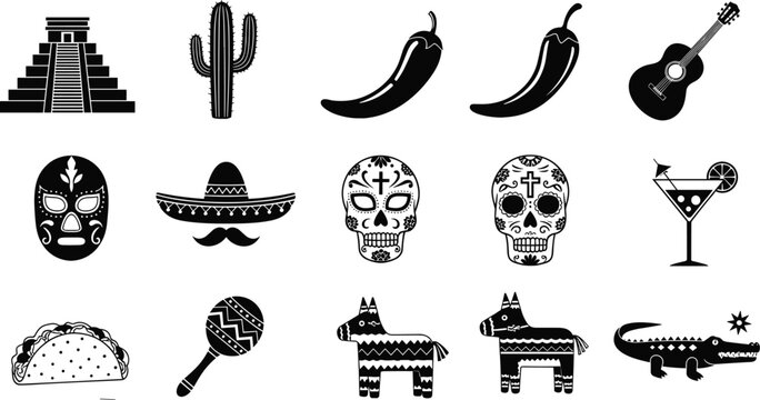 Mexican culture icons set featuring Aztec pyramid cactus chili pepper guitar sugar skull sombrero tacos maracas pinata and traditional folklore symbols