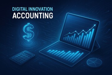 Digital accounting concept depicted through a futuristic laptop displaying statistical data, dollar symbol, and calculator. Emphasizing innovation in financial technology.