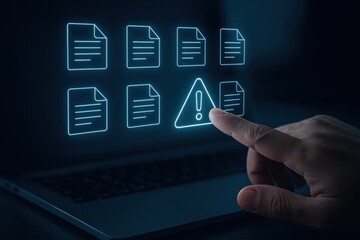 User interacting with digital file icons on a screen, highlighting a warning alert. Concept of data management, cybersecurity, and digital awareness in technology.