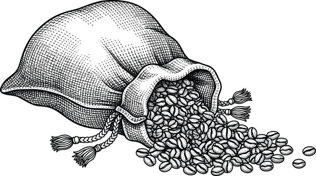Vintage burlap sack spilling coffee beans illustration, hand drawn engraving style, black and white vector artwork isolated on white background