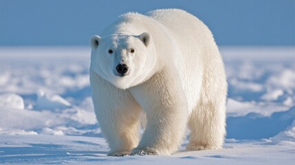 A majestic polar bear walks across a vast pristine arctic snowscape under a clear blue sky.