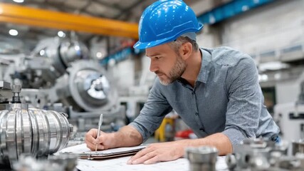 Precision and Planning: An engineer meticulously examines blueprints amidst the industrial machinery of a workshop, illustrating dedication and expertise. - Powered by Adobe