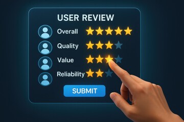 User rating interface showing star ratings for overall, quality, value, and reliability with a finger poised to submit. Concept of customer feedback and digital evaluation.