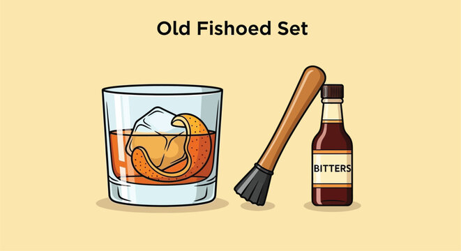 A classic old fashioned cocktail with orange peel bitters and bar tools