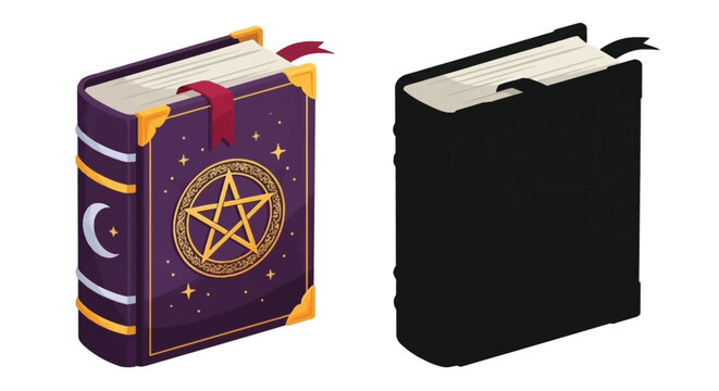 Magical spellbook with ornate details and a dark closed companion book