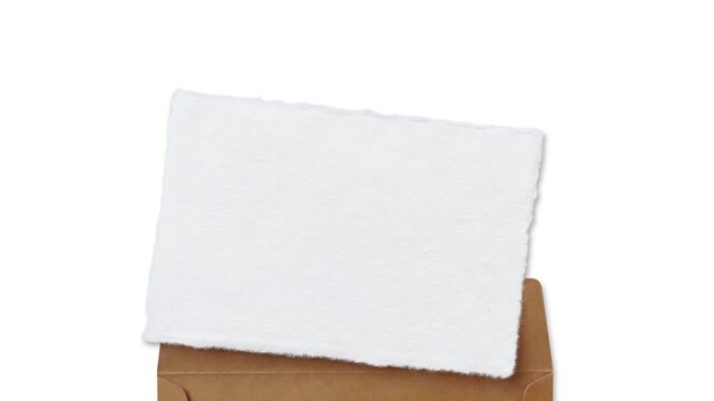 Envelope opening card reveal on white background